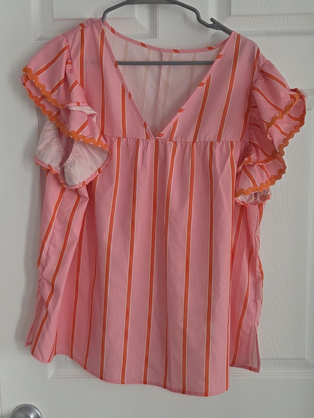 Pink & Orange Striped V-Neck Flutter Sleeve Blouse